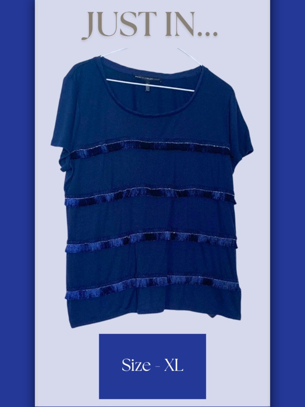 White House Black Market Navy Fringe Shag Top Size XL Casual Boho Feminine